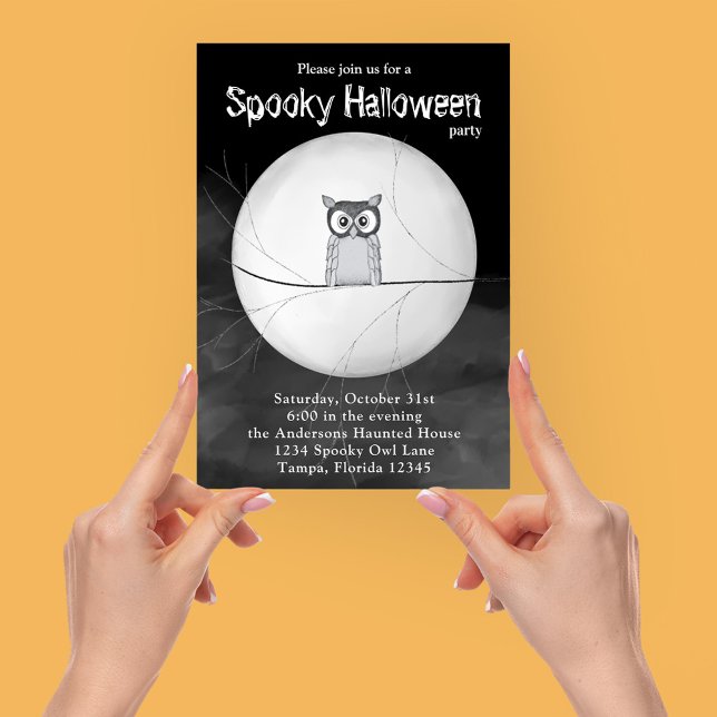 Halloween Spooky Scary Owl Whimsical Party Invitation (Halloween spooky owl invitation with full moonlight background. )