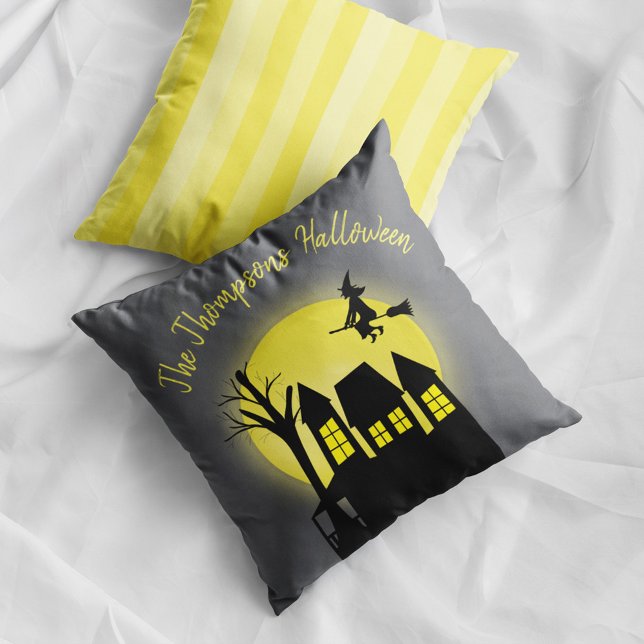 Halloween Spooky Scary Witch Haunted House Cushion (Haunted house Halloween pillow with witch flying over moon and personalized family name decor.)