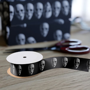 Halloween Spooky Skull Pattern Black Satin Ribbon
