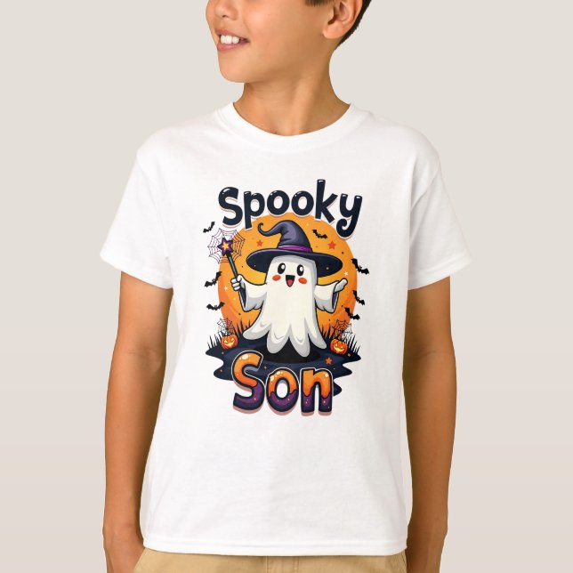 Halloween Spooky Son Ghost with Witch Hat  T-Shirt (Front)