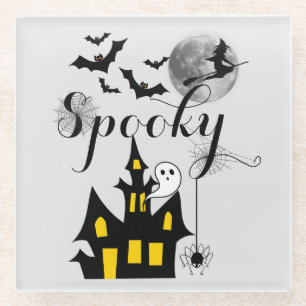 Halloween Spooky Spider bats witch haunted house Glass Coaster