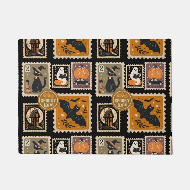 Halloween Spooky Time Postal Stamps Ghosts Bat Cat Doormat (Front)