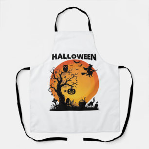 Halloween Spooky Tree Flying Witch Orange Moon Bla Apron