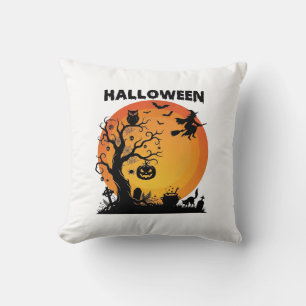 Halloween Spooky Tree Flying Witch Orange Moon Bla Cushion