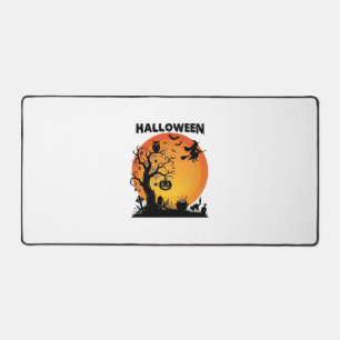 Halloween Spooky Tree Flying Witch Orange Moon Bla Desk Mat