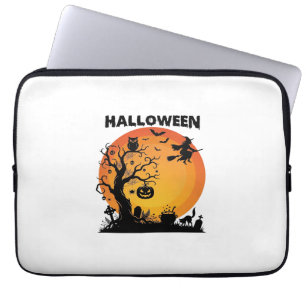 Halloween Spooky Tree Flying Witch Orange Moon Bla Laptop Sleeve