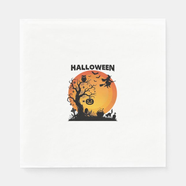 Halloween Spooky Tree Flying Witch Orange Moon Bla Napkin (Front)