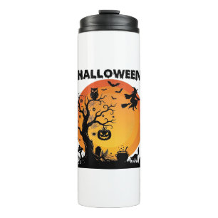 Halloween Spooky Tree Flying Witch Orange Moon Bla Thermal Tumbler