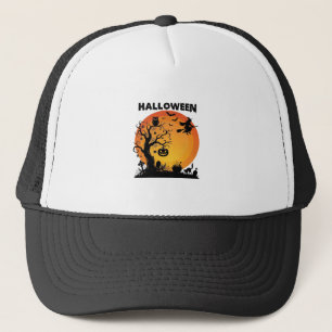 Halloween Spooky Tree Flying Witch Orange Moon Bla Trucker Hat