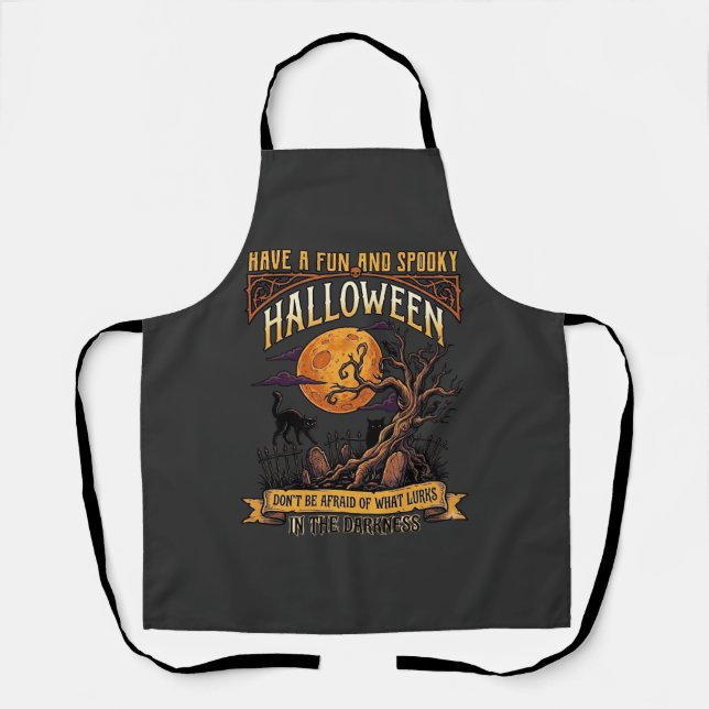 Halloween Spooky Tree Full Moon Black Cat Graveyar Apron (Front)