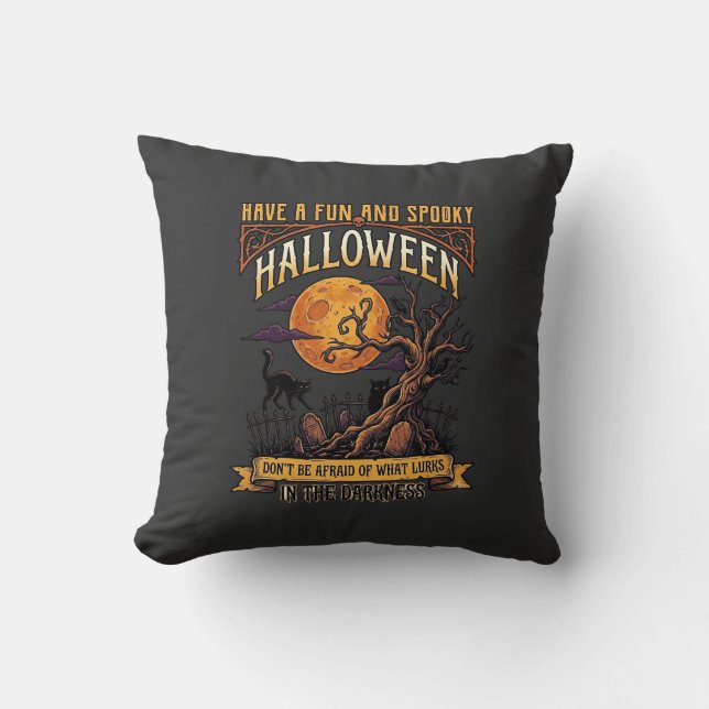 Halloween Spooky Tree Full Moon Black Cat Graveyar Cushion (Front)