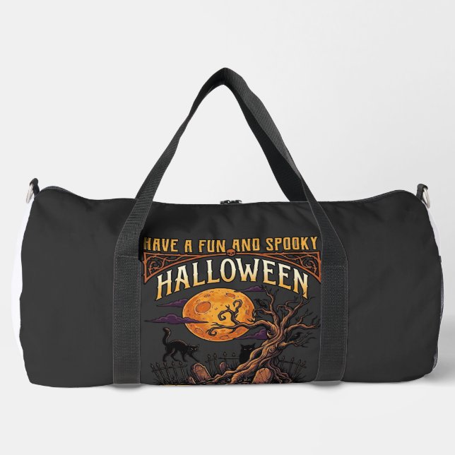 Halloween Spooky Tree Full Moon Black Cat Graveyar Duffle Bag (Front)