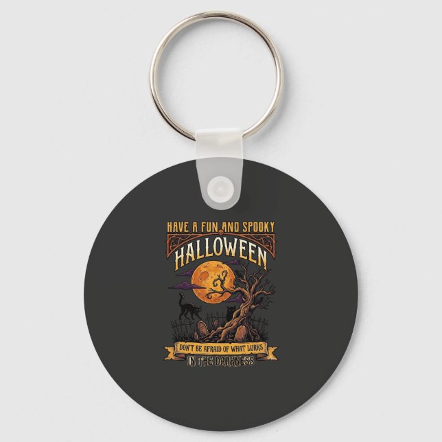 Halloween Spooky Tree Full Moon Black Cat Graveyar Key Ring (Front)