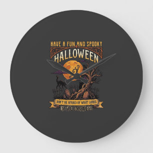 Halloween Spooky Tree Full Moon Black Cat Graveyar Large Clock