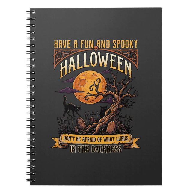 Halloween Spooky Tree Full Moon Black Cat Graveyar Notebook (Front)