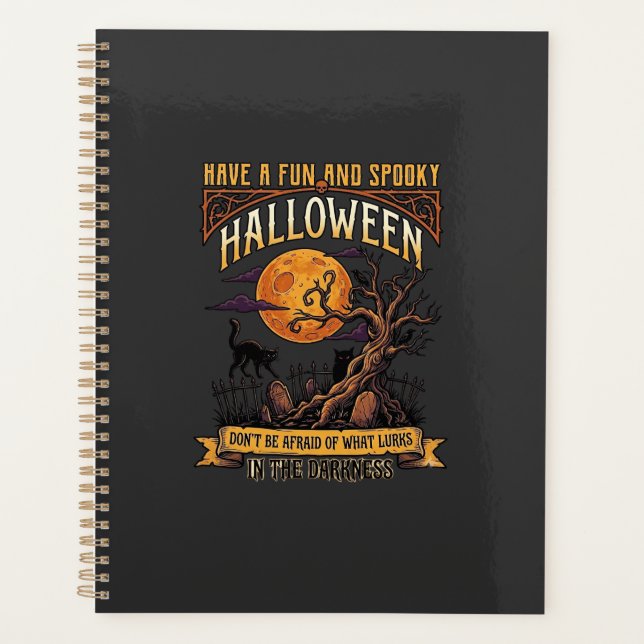 Halloween Spooky Tree Full Moon Black Cat Graveyar Planner (Front)