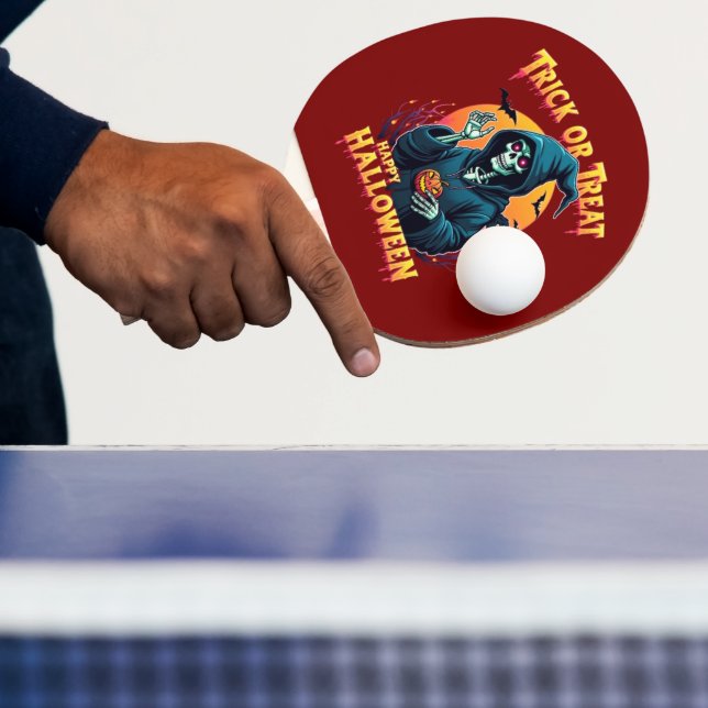Halloween Spooky Vibes: Trick or Treat Skeleton Ping Pong Paddle (Insitu)