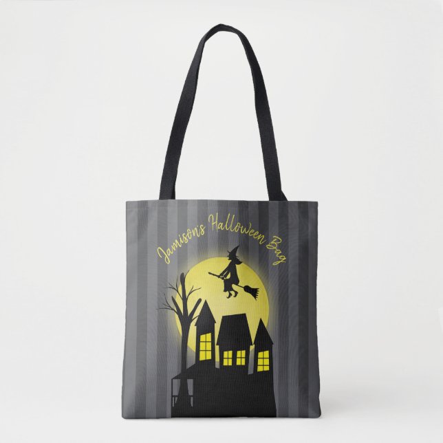 Halloween Spooky Witch Broomstick Moonlight Tote Bag (Front)
