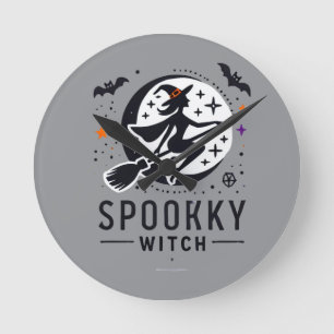 Halloween Spooky Witch Design - Flying on Broom Round Clock