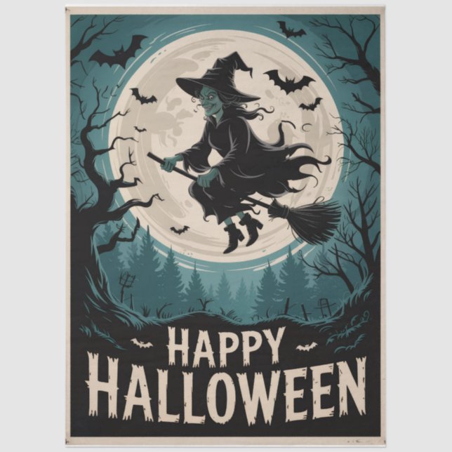 Halloween Spooky Witch Flying Across a Full Moon Tissue Paper (Front)