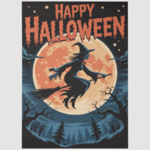 Halloween Spooky Witch Flying Across a Full Moon Tissue Paper