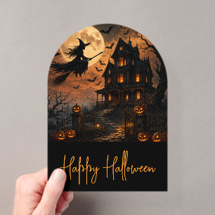 Halloween Spooky Witch Flying Over Haunted House w Acrylic Invitations