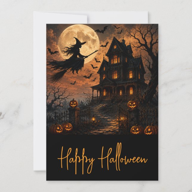 Halloween Spooky Witch Flying Over Haunted House w Invitation (Front)