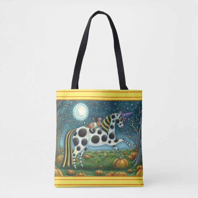 HALLOWEEN SPOTTED PONY AND BAT CAT Whimsical Horse Tote Bag (Front)