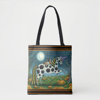HALLOWEEN SPOTTED PONY AND BAT CAT Whimsical Horse Tote Bag