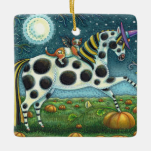 HALLOWEEN SPOTTED PONY & BAT CAT Fantasy Horse Ceramic Ornament