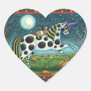 HALLOWEEN SPOTTED PONY & BAT CAT Whimsical Horse Heart Sticker