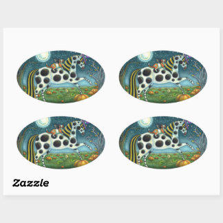 HALLOWEEN SPOTTED PONY & BAT CAT Whimsical Horse Oval Sticker