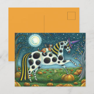 HALLOWEEN SPOTTED PONY & BAT CAT Whimsical Horse Postcard