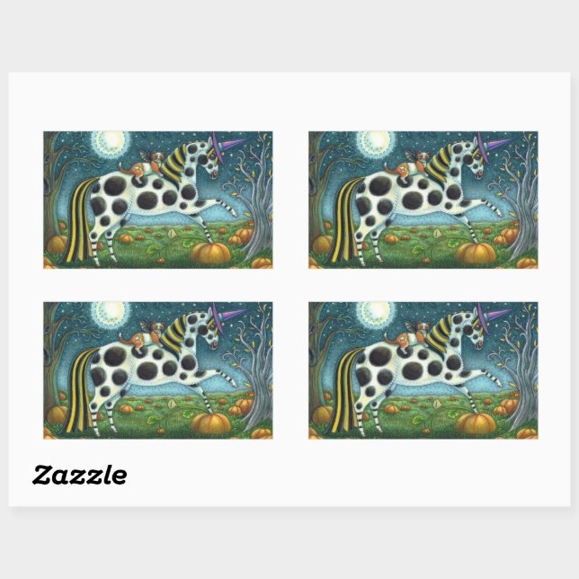 HALLOWEEN SPOTTED PONY & BAT CAT Whimsical Horse Rectangular Sticker (Sheet)