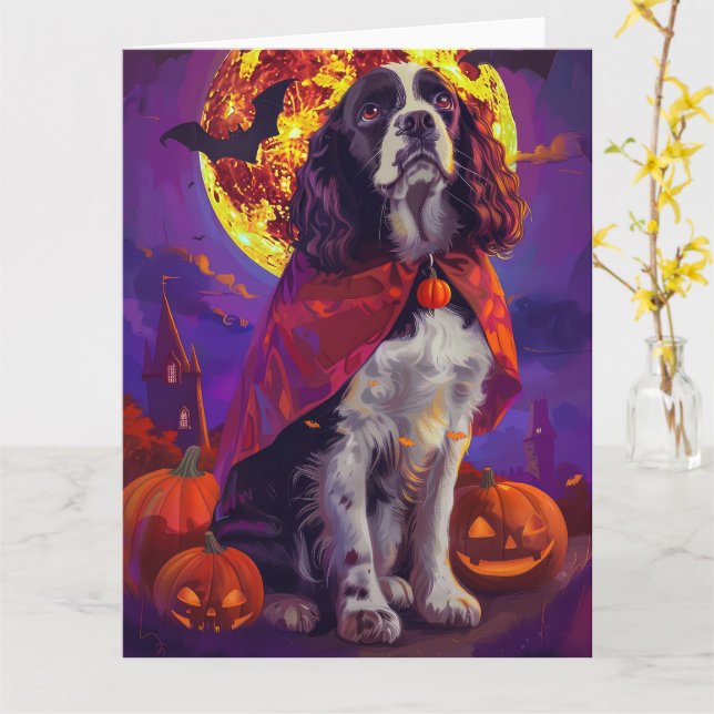 Halloween Springer Spaniel Vampire Pumpkins Scary Card (Yellow Flower)