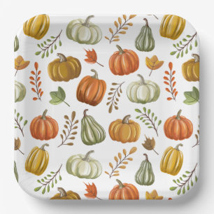 Halloween Square Paper Plate With Pumpkins - White