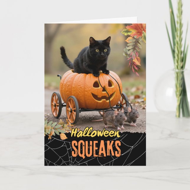 Halloween Squeaks Black Cat Riding Jack o Lantern  Card (Front)