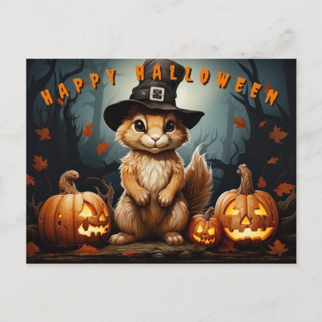 Halloween Squirrel In Witches Hat With Pumpkins Holiday Postcard (Front)