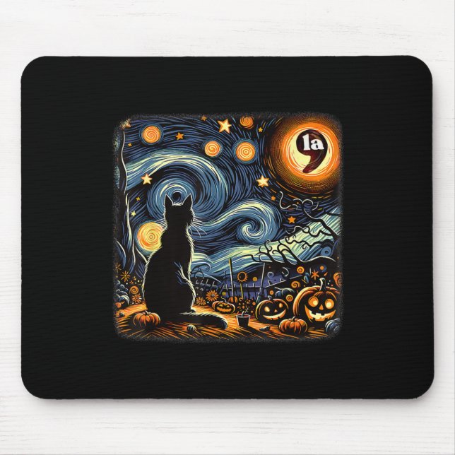 Halloween Starry Night Black Cat Comma La Kamala 1 Mouse Pad (Front)