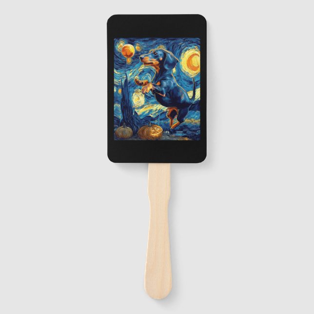 Halloween Starry Night Puppy Dachshund Hand Fan (Front)