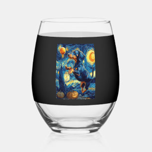 Halloween Starry Night Puppy Dachshund Stemless Wine Glass