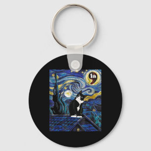 Halloween Starry Night Tuxedo Cat Comma La Kamala Key Ring