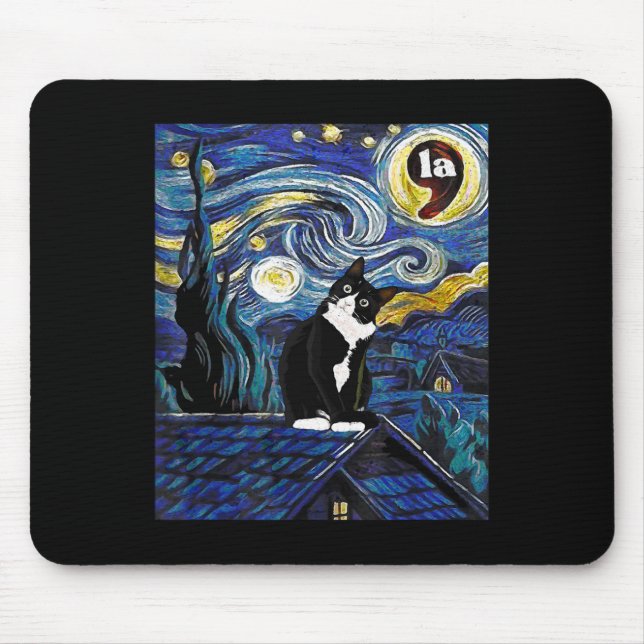Halloween Starry Night Tuxedo Cat Comma La Kamala  Mouse Pad (Front)