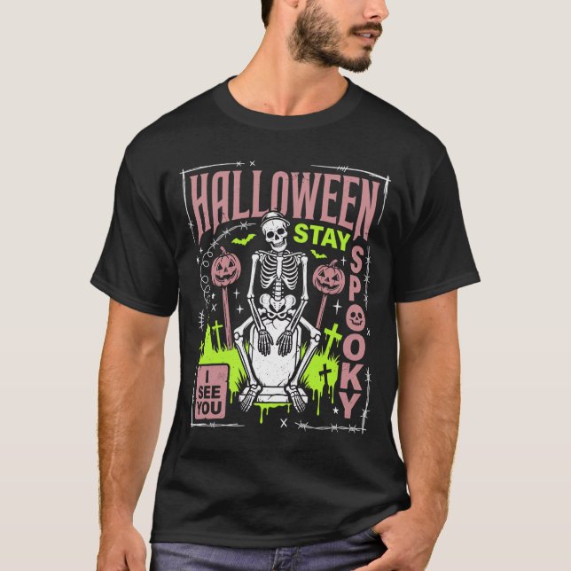 Halloween Stay Spooky Skeleton Graveyard Graphic T-Shirt (Front)
