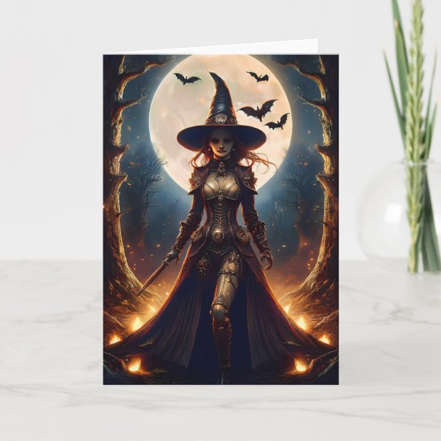 Halloween Steampunk Forest Witch Card (Front)