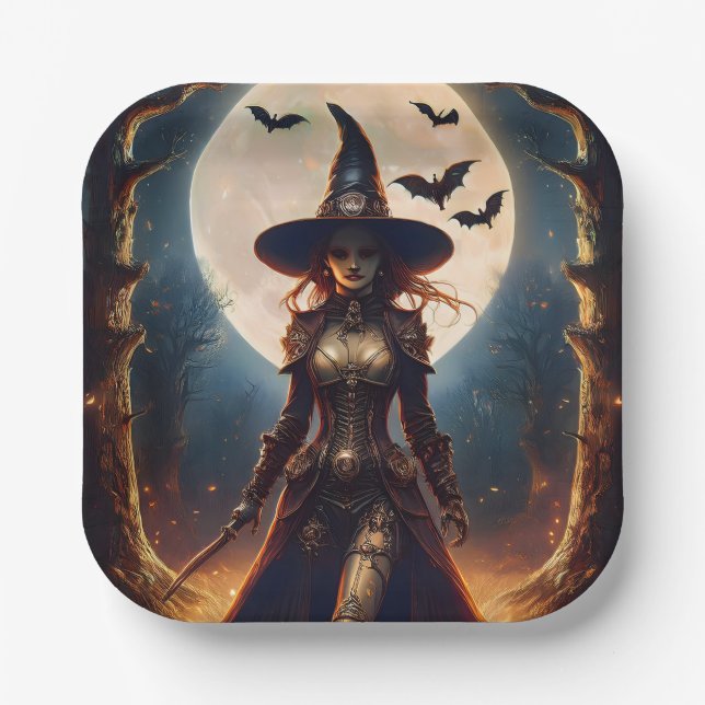 Halloween Steampunk Forest Witch Paper Plate (Front)