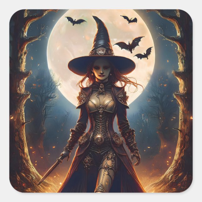 Halloween Steampunk Forest Witch Square Sticker (Front)