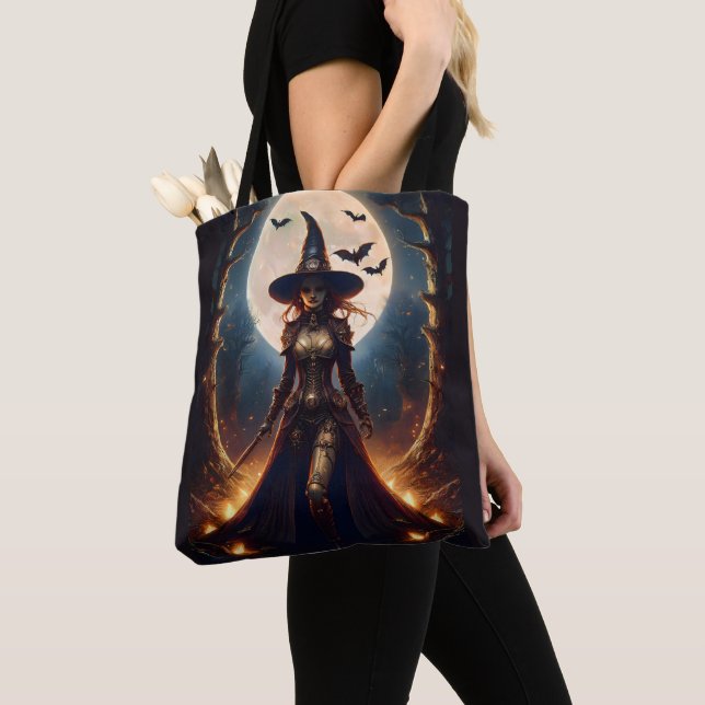 Halloween Steampunk Forest Witch Tote Bag (Close Up)