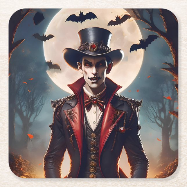Halloween Steampunk Gothic Zombie Vampire Square Paper Coaster (Front)