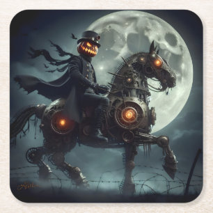 Halloween Steampunk Headless Horseman Square Paper Coaster
